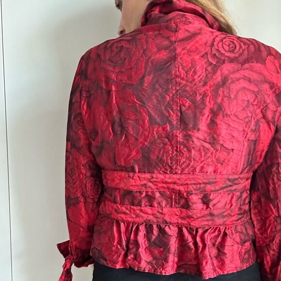 Vintage Womens Silk Blouse Floral Print Chili Red/Black 90s Designer Formal - Picture 10 of 11